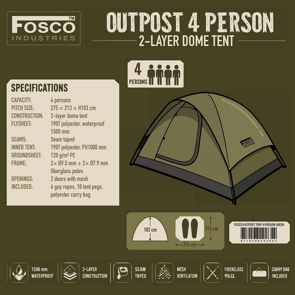 Cort Outpost 4 Persoane Van Os Imports Verde – Coloană de Apă 1500 mm, 2 Uși - poza 2