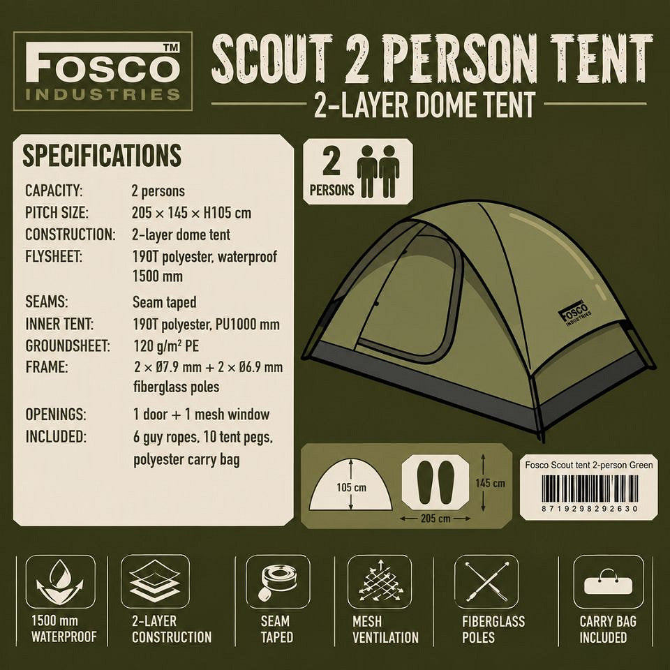 Cort Fosco Scout 2 Persoane Verde – Impermeabil 1500 mm, Cusături Vulcanizate - poza 2