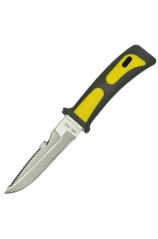 Cuțit de Scafandru Mil-Tec Frogman – Lamă 11,5 cm, Inox, Galben