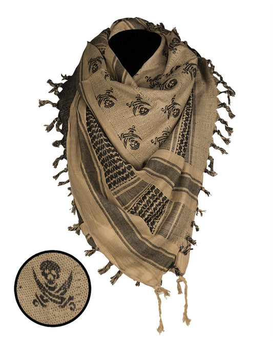 Eșarfă Shemagh Mil-Tec Skull – 100% Bumbac, 110 x 110 cm, Kaki-Negru