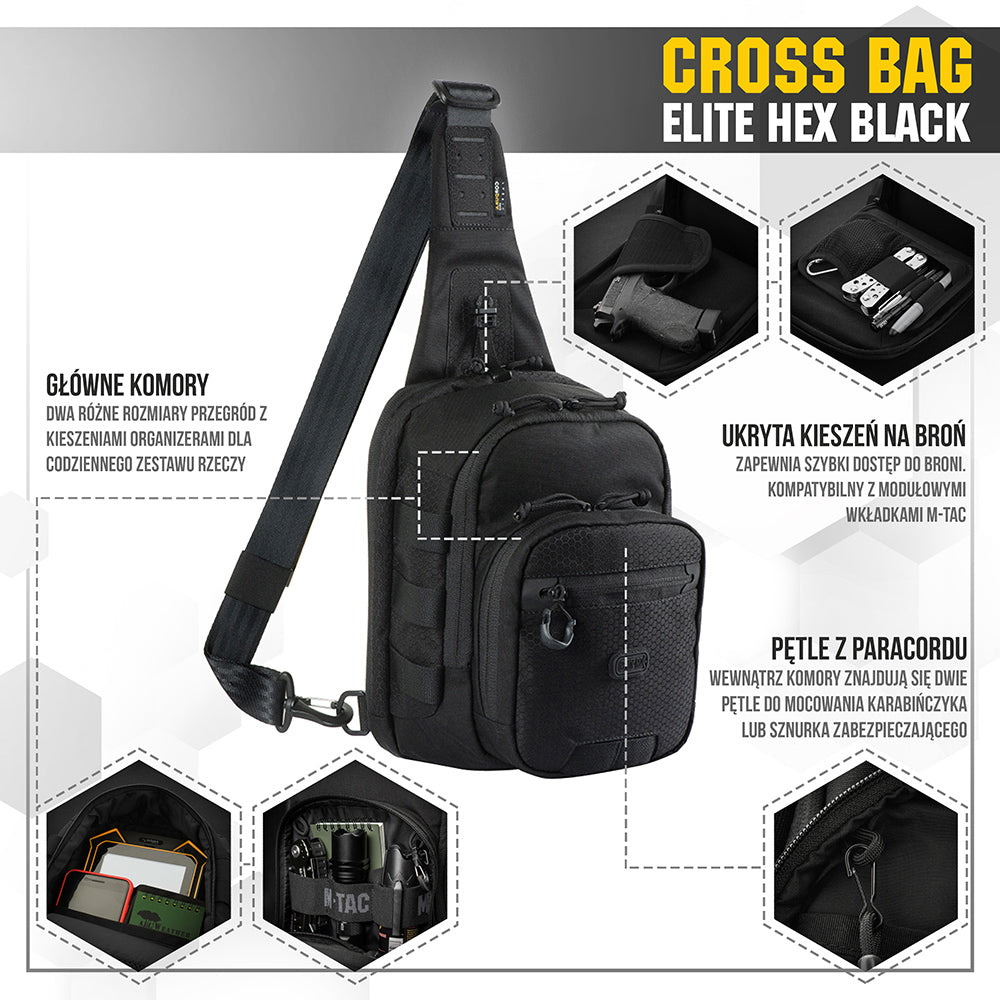 Geantă Cross Bag Elite Hex M-Tac - Neagră, Tactică, EDC, Armă Ascunsă