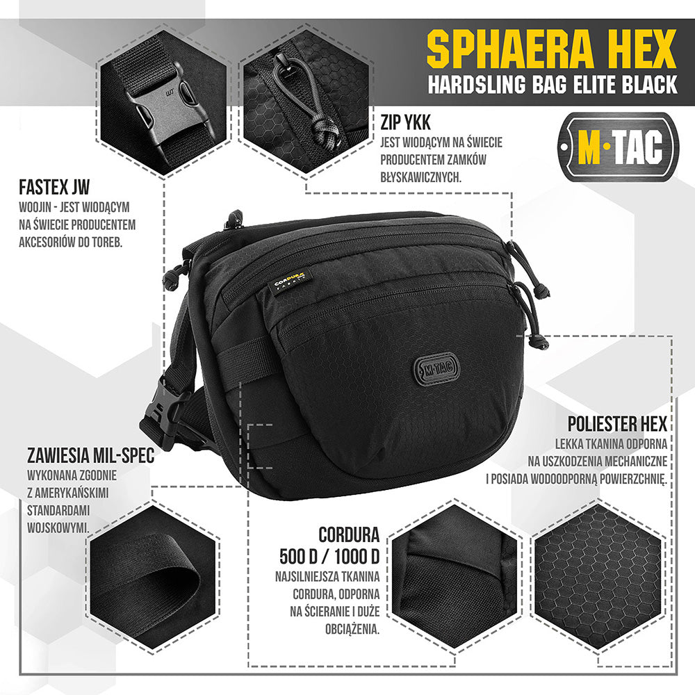 Geantă tactic Sphaera Hex Hardsling M-Tac - Negru, Orizontală