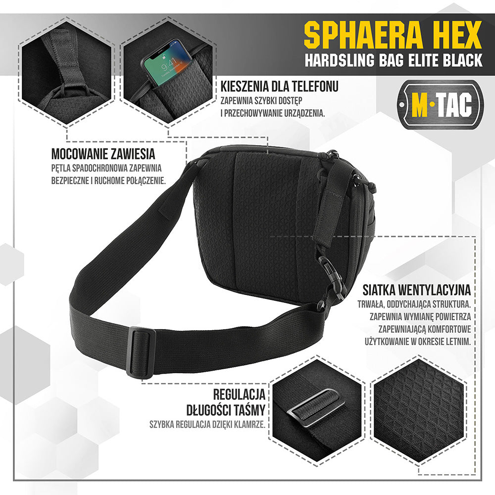 Geantă tactic Sphaera Hex Hardsling M-Tac - Negru, Orizontală