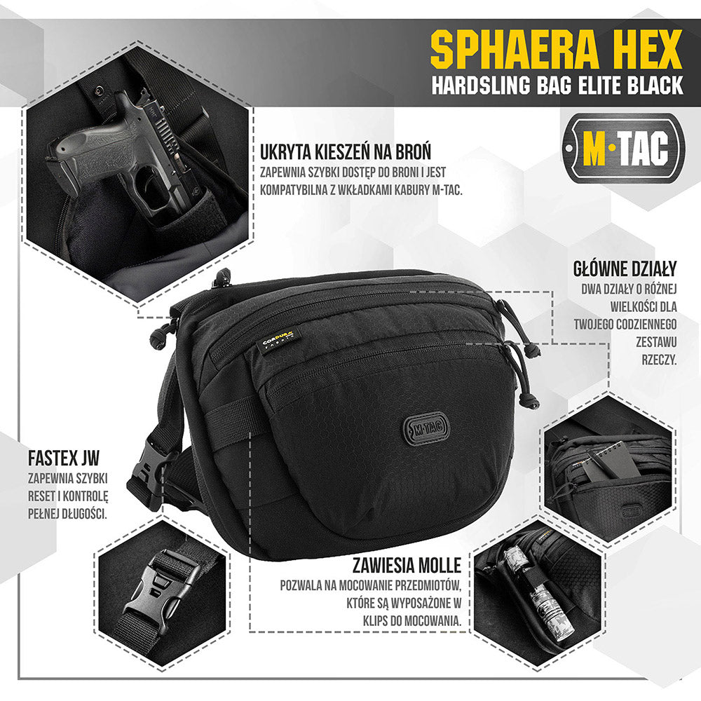 Geantă tactic Sphaera Hex Hardsling M-Tac - Negru, Orizontală