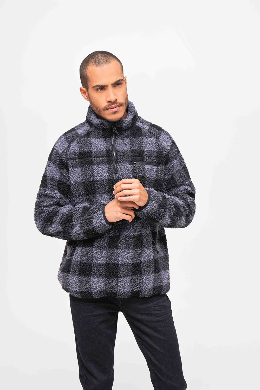 Hanorac Teddyfleece Troyer Black/Grey Gingham Brandit - Caldura si Mobilitate