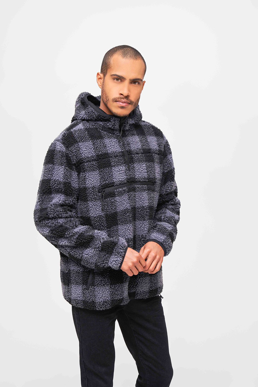 Hanorac Teddyfleece Worker Black/Grey Gingham Brandit - Caldura Esentiala