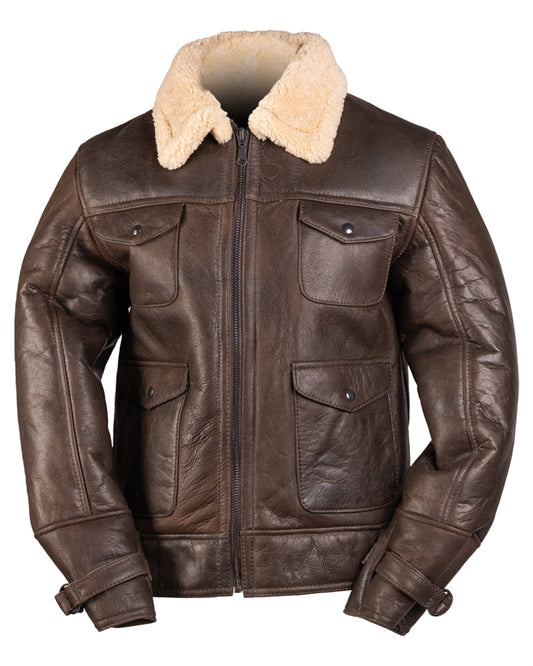 Jachetă Aviator Mil-Tec A4 US Navy – Piele de Oaie, Blană de Oaie, Maro