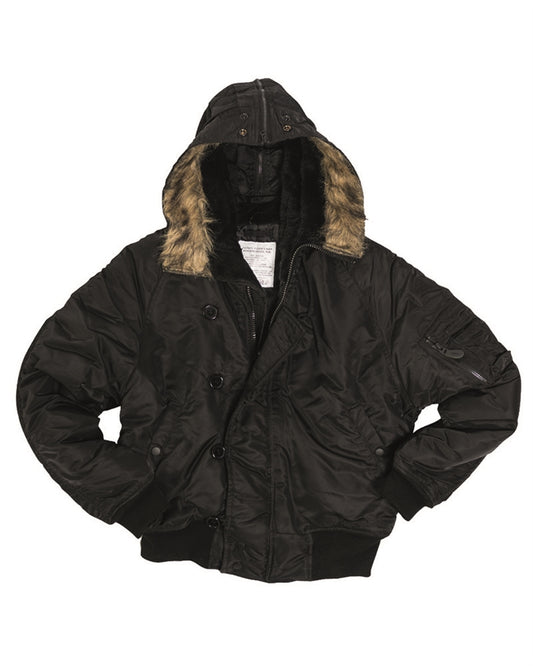 Jachetă Aviator Mil-Tec US N2B Basic – Glugă cu Blană, 200 g/m², Neagră