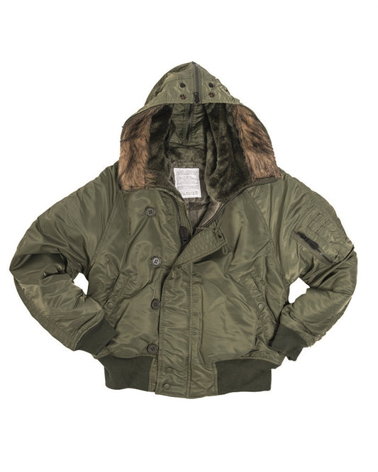 Jachetă Aviator Mil-Tec US N2B Basic – Glugă cu Blană, Vătuire 200 g/m², Oliv