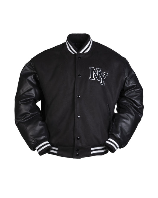 Jachetă Baseball Mil-Tec NY – Mâneci Imitație Piele, Inscripție Brodată, Neagră