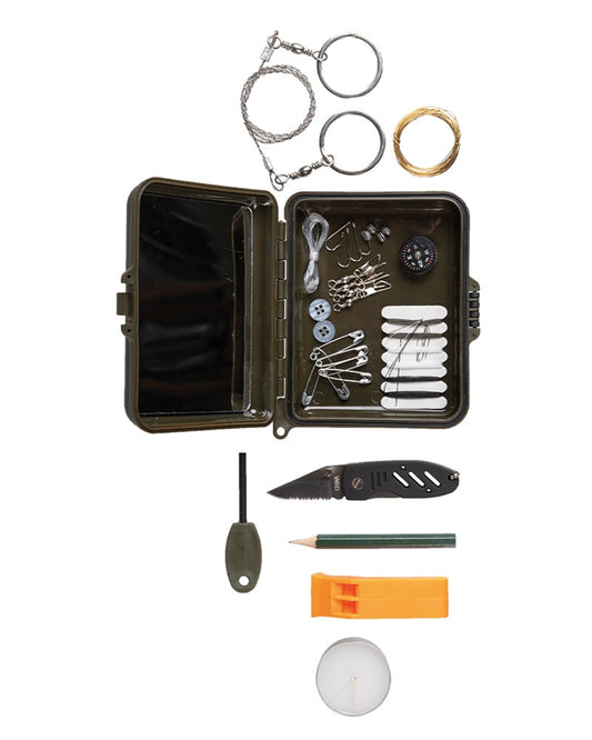 Kit de Supraviețuire Mil-Tec în Cutie ABS – Busolă, Amnar, 12 x 10 cm, Negru