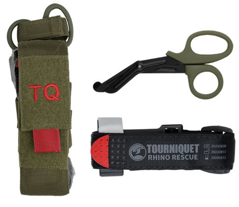 Kit Tactic de Prim Ajutor - RHINO Rescue Tourniquet cu Husă și Foarfecă Oliv