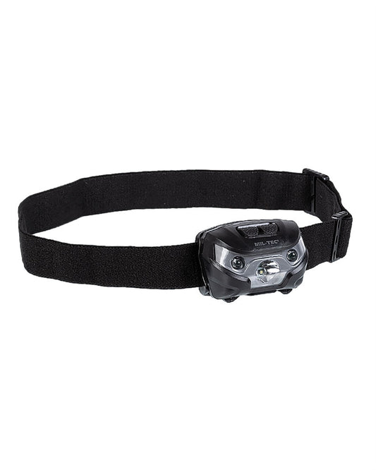 Lampă Frontală Mil-Tec Black – 200 Lumeni, LED CREE XPE, Lumină Roșie