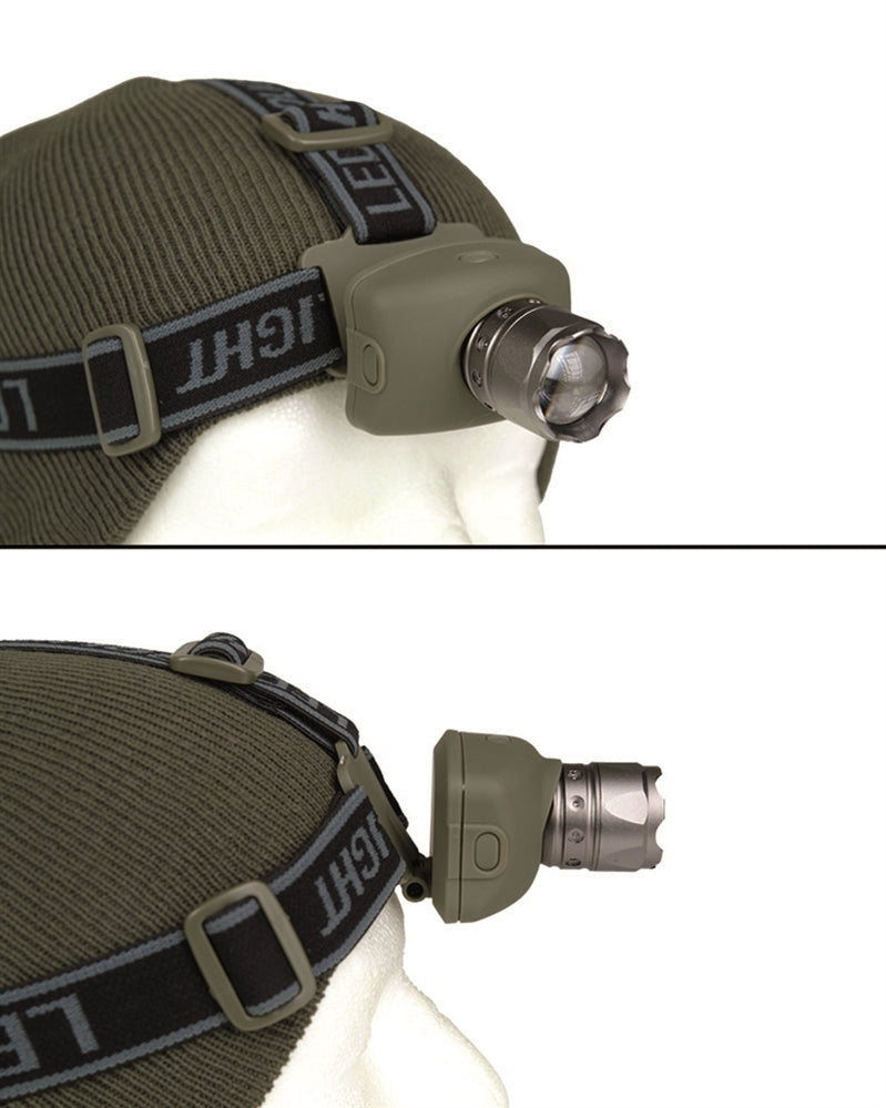 Lampă Frontală Mil-Tec CREE 3 W – purtată pe cap, vedere laterală și cap lanternă înclinat