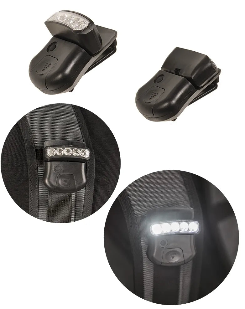 Lanternă cu Clip Mil-Tec Clip Light 5 LED – două unghiuri, clipsul de prindere și LED-urile aprinse