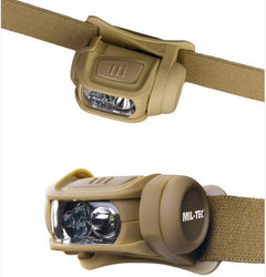 Lanternă de Cap Mil-Tec cu LED 4 Culori – 65 Lumeni, Prindere MOLLE, Coyote