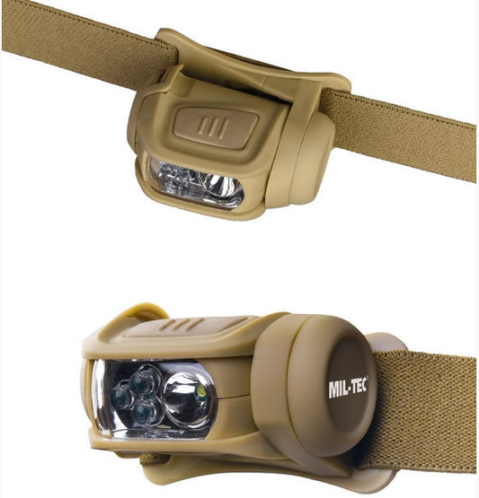 Lanternă de Cap Mil-Tec cu LED 4 Culori – 65 Lumeni, Prindere MOLLE, Coyote