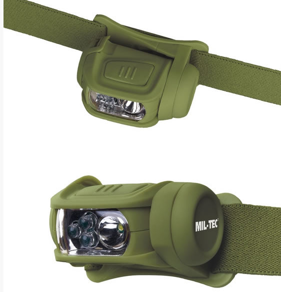 Lanternă Frontală Mil-Tec LED 4 Culori – 65 Lumeni, MOLLE, Oliv