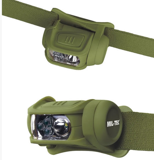 Lanternă Frontală Mil-Tec LED 4 Culori – 65 Lumeni, MOLLE, Oliv