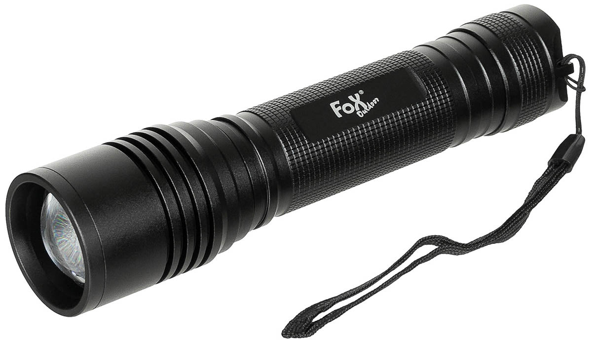 Lanternă Tactică "Security" Negru FoxOutdoor - Corp Aluminiu, Rezistentă Șocuri