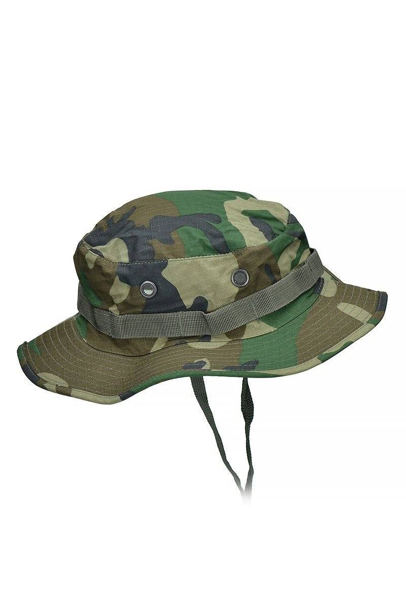 Pălărie Boonie Mil-Tec US GI – pălărie woodland cu snur de bărbie, vedere din spate