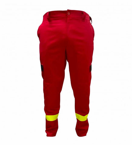Pantaloni smurd de culoare rosie cu benzi reflectorizante galbele la glezne, vedere fata.