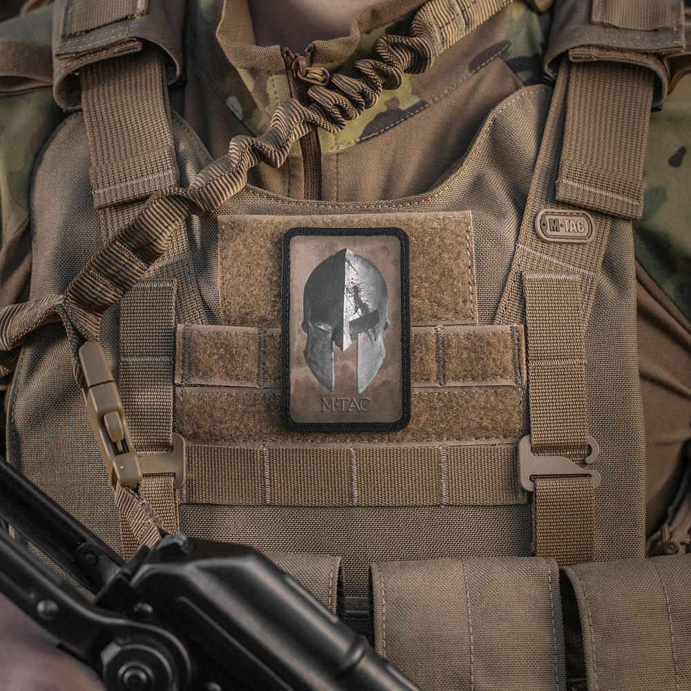 Patch Cască Spartană M-Tac - Putere și Curaj (Coyote/Black)