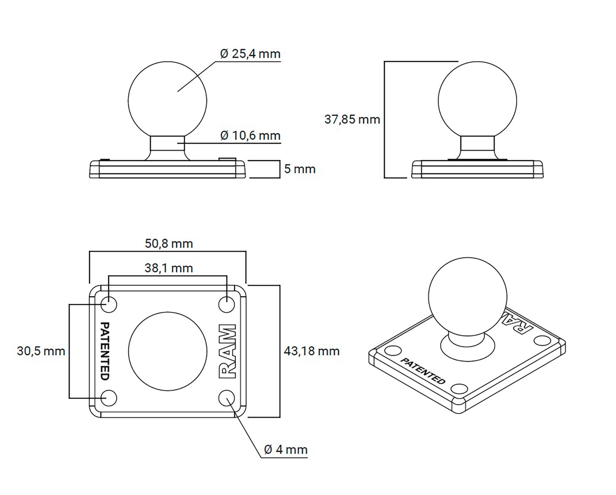 Placă de Bază Dreptunghiulară RAM Mounts - Suport Universal Moto