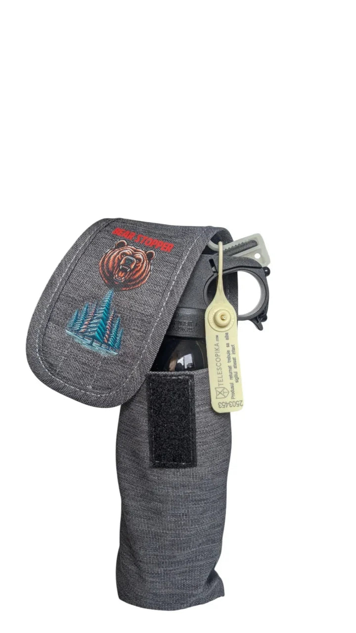 Port Husa Toc Spray Urs 150-220 ml, Bear Stopper, cu accces rapid, prindere pe Centura si la rucsac, gri