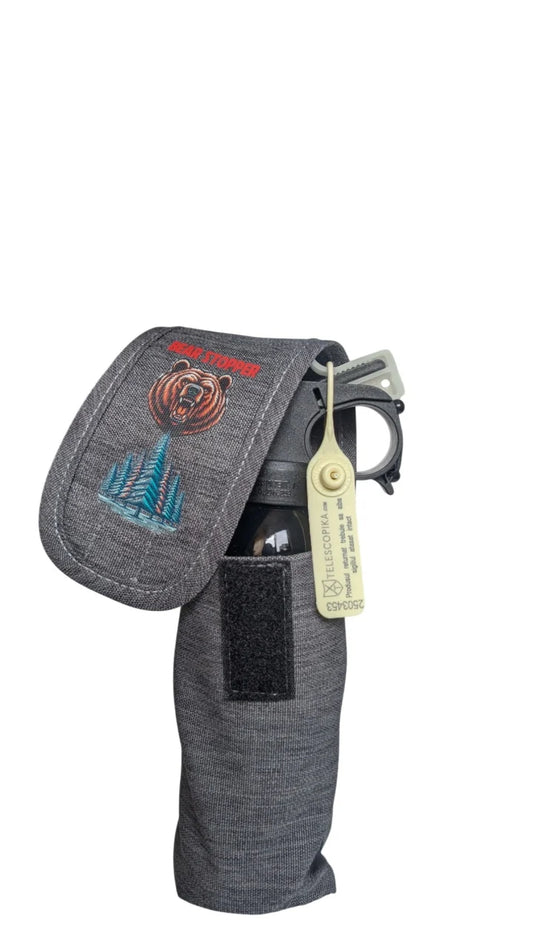 Port Husa Toc Spray Urs 150-220 ml, Bear Stopper, cu accces rapid, prindere pe Centura si la rucsac, gri