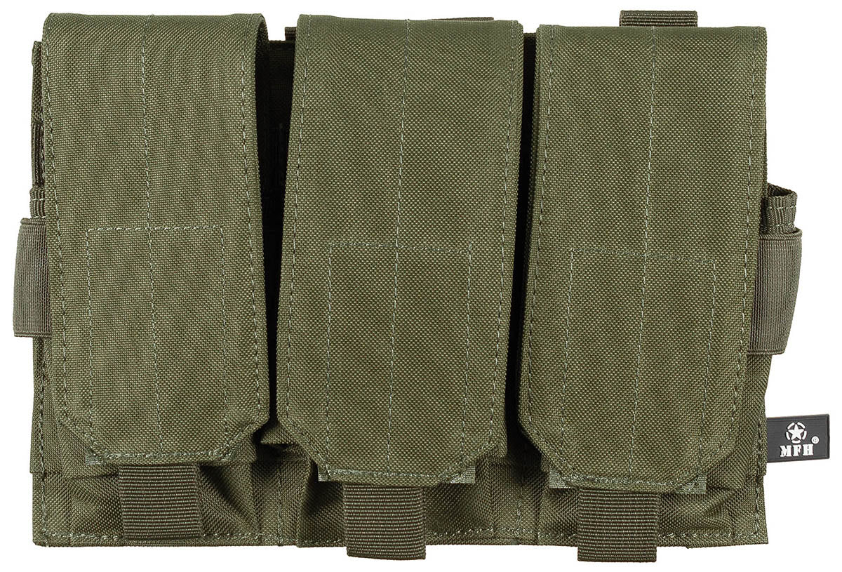 Portmagazie Triplă MOLLE Verde Oliv OD MFH - Clape Velcro, 4 Benzi MOLLE