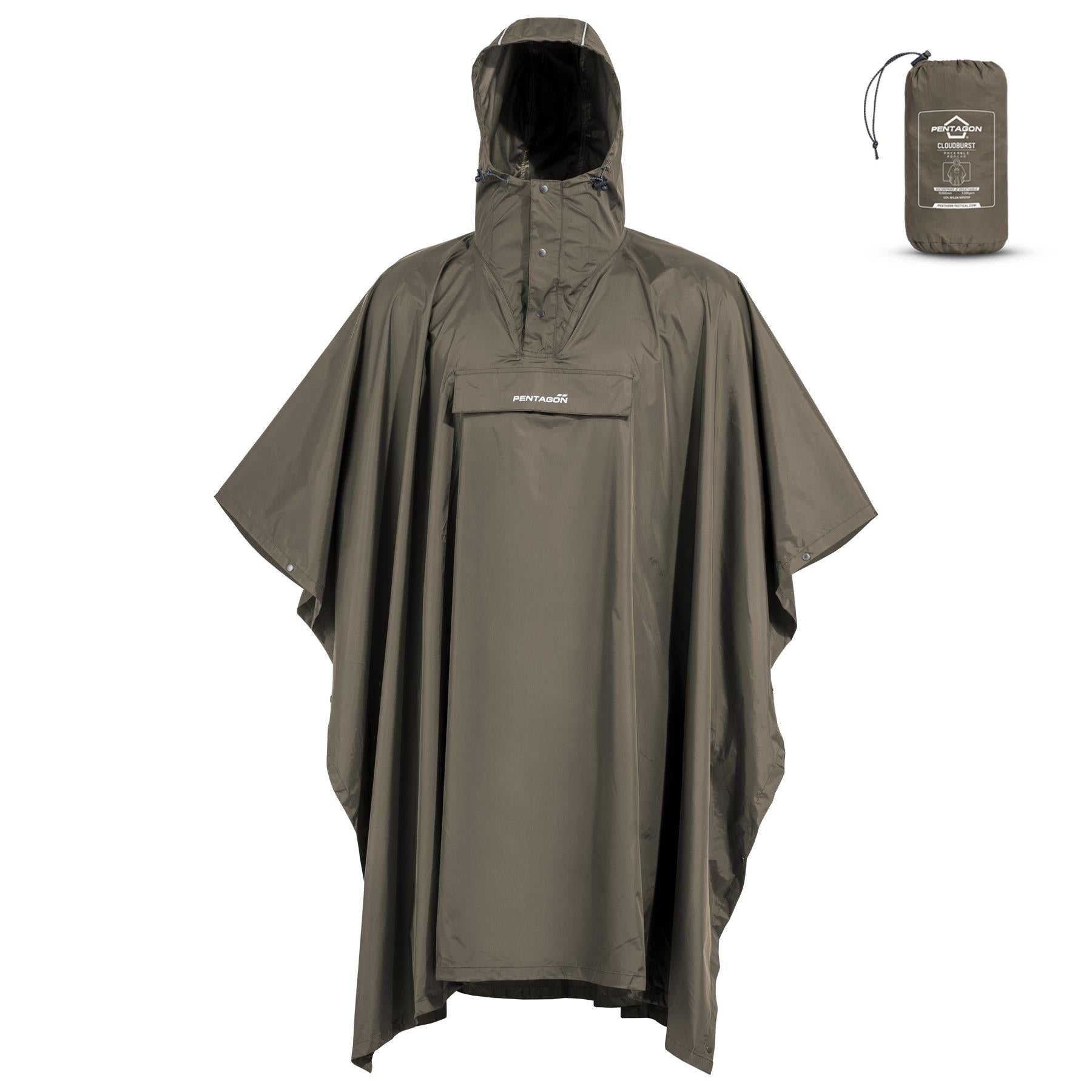 Produs Cloudburst Packable Rain Poncho RAL7013 Pentagon Tactical - Protecție Fiabilă Împotriva Intemperiilor