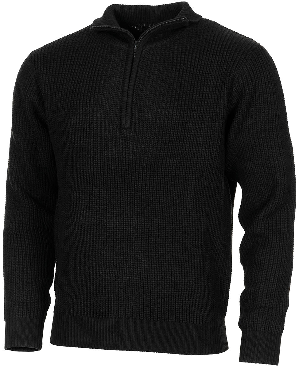 Pulover Troyer Negru MFH - Fermoar Guler Ascuns, Tricot Gros
