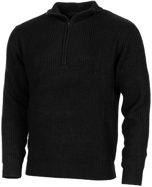 Pulover Troyer Negru MFH - Fermoar Guler Ascuns, Tricot Gros