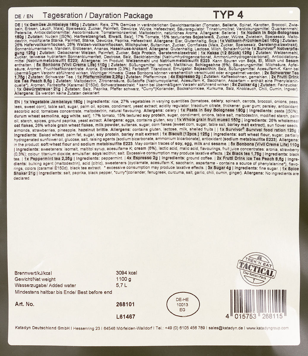 Ratie Zilnica Meniu Vegetarian "Typ IV" TrekNEat - 1 Pers/1 Zi, Pachet Etans