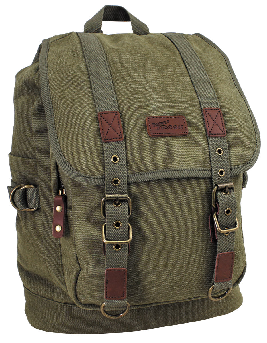 Rucsac Canvas "PT" Oliv PureTrash - Piele/Alamă, Bretele Căptușite