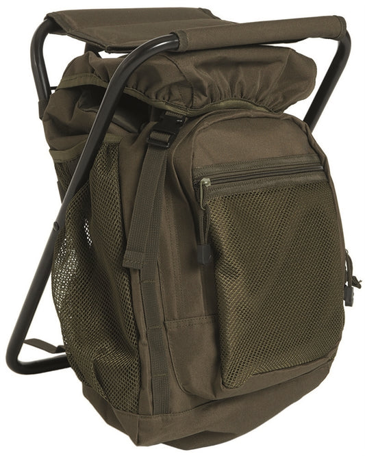 Rucsac cu Scaun Mil-Tec – 20 L, Cadru Metalic, Suportă 120 kg, Oliv