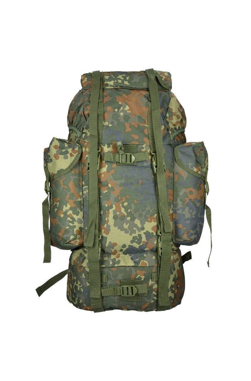 Rucsac Mil-Tec German Import Large – vedere din față cu buzunarele laterale