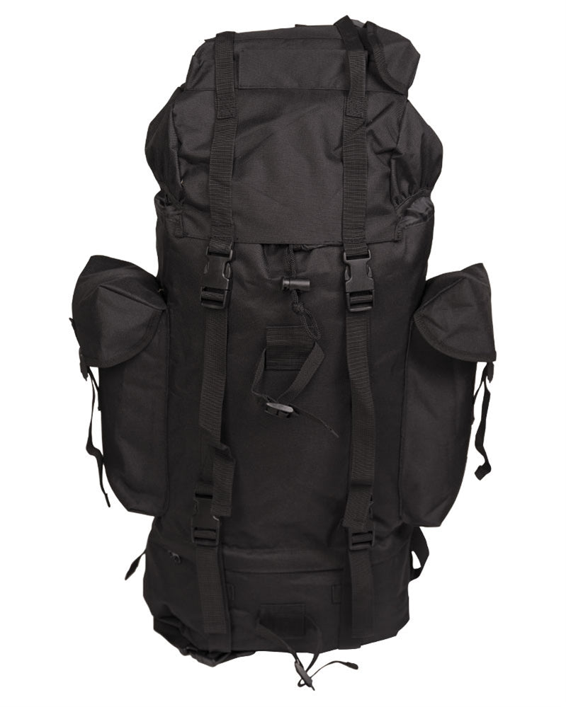 Rucsac Mil-Tec German Import Large – vedere din față cu buzunare laterale și curele de compresie