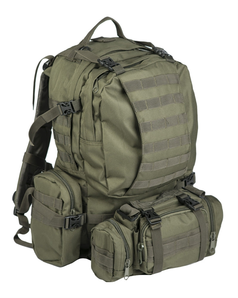 Rucsac Modular Mil-Tec Defense Pack Assembly – vedere din trei sferturi cu modulele atașate
