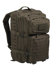 Rucsac Tactic Mil-Tec US Assault Large Laser-Cut – vedere frontală în unghi, panouri laser-cut și buzunare frontale
