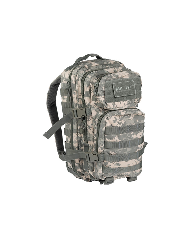 Rucsac Tactic Mil-Tec US Assault Small – vedere din față trei-sferturi, buzunare și MOLLE