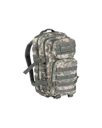 Rucsac Tactic Mil-Tec US Assault Small – vedere din față trei-sferturi, buzunare și MOLLE