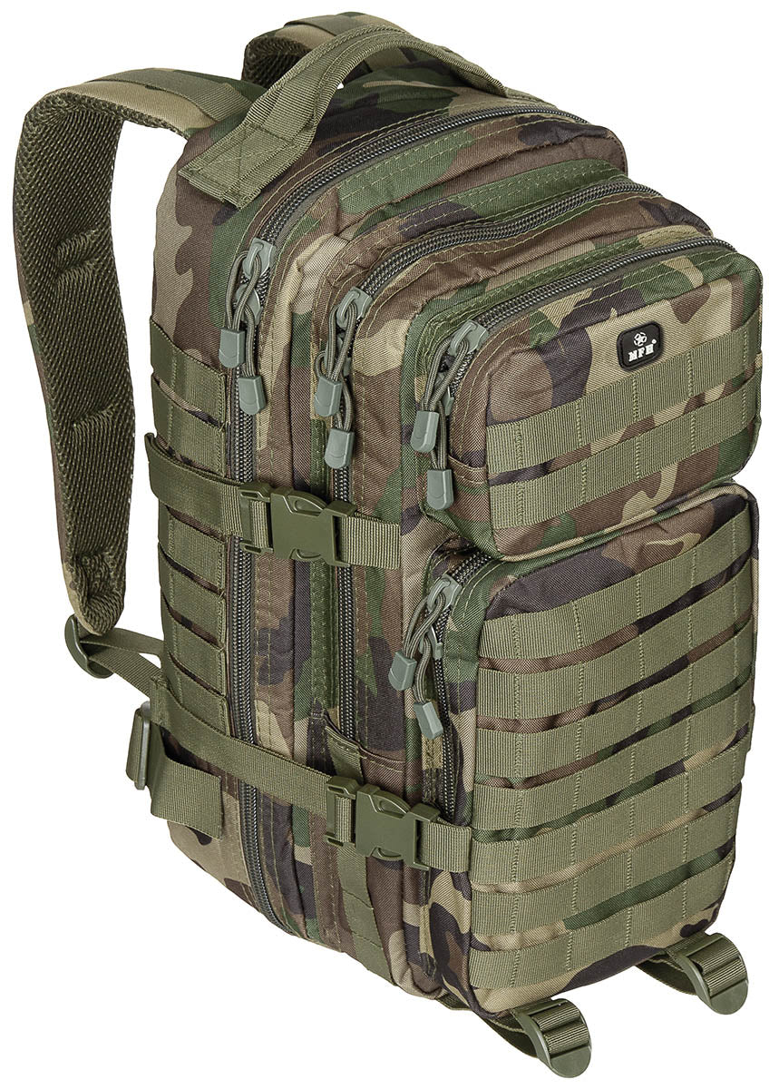 Rucsac US Assault I Woodland MFH - Bretele ajustabile, Compatibil hidratare