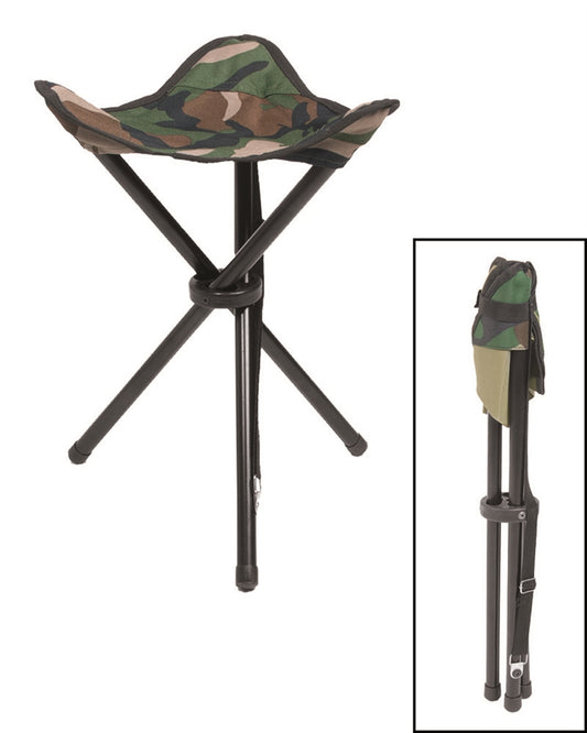 Scaun Pliant Mil-Tec cu 3 Picioare – Cadru din Oțel, 100 kg, Woodland