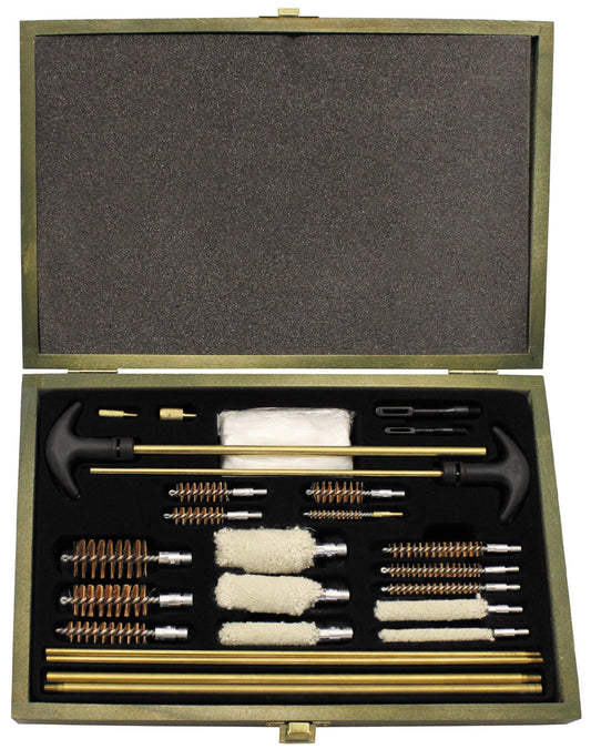 Set Curățare Multikaliber Arme, Pistoale Cutie Lemn MFH - Tijă Alamă, 20 Piese