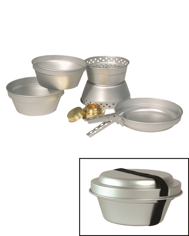 Set de Gătit Mil-Tec 6 Piese – piesele desfăcute și set închis în inserție