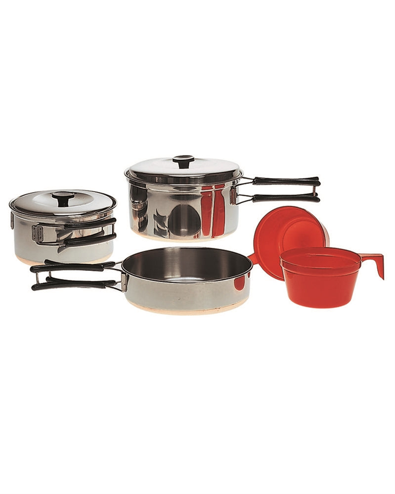 Set de Gătit pentru 2 Persoane Mil-Tec – imagine oficială, oale inox cu mânere negre, tigaie și căni roșii