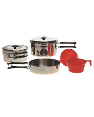 Set de Gătit pentru 2 Persoane Mil-Tec – imagine oficială, oale inox cu mânere negre, tigaie și căni roșii