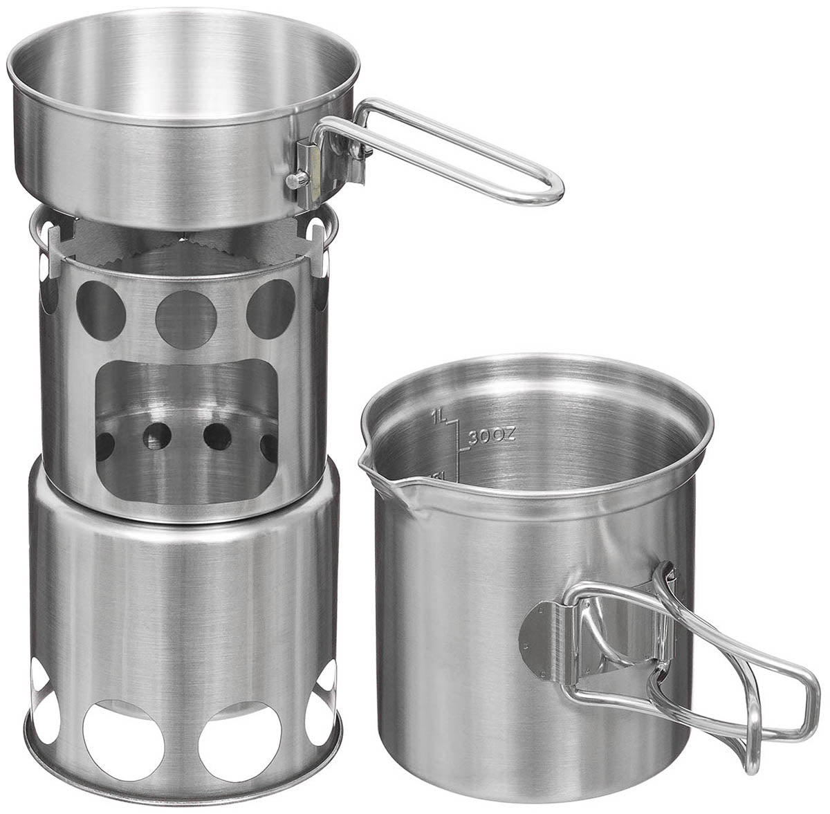 Set Gătit "Travel" Inox FoxOutdoor - Stivuibil, Mâner Pliabil